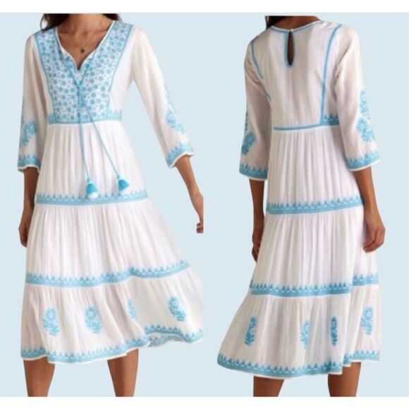 Soft Surroundings White & Turquoise Juniper Embroidered Tassel Dress sz M EUC - Picture 1 of 9